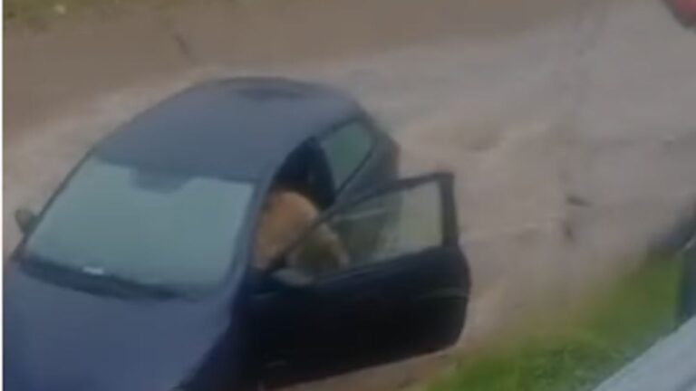 En medio de la lluvia, un auto derrapó y terminó en un canal de agua